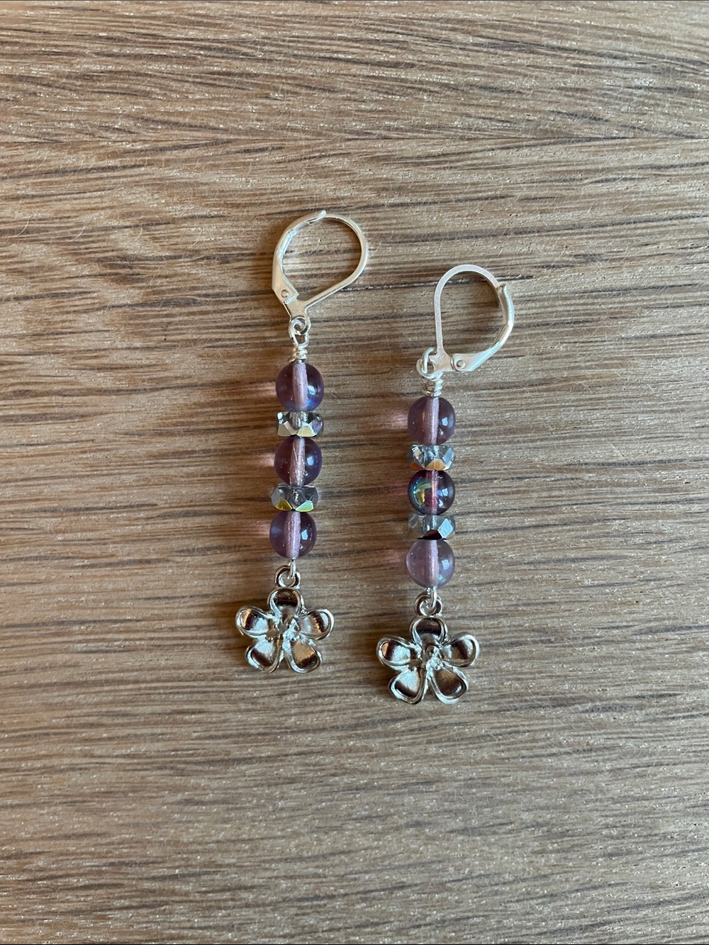 HAND CRAFTED PURPLE CZECH GLASS BEADED FLOWER DROP EARRINGS Silver Floral Dangle - Picture 7 of 9